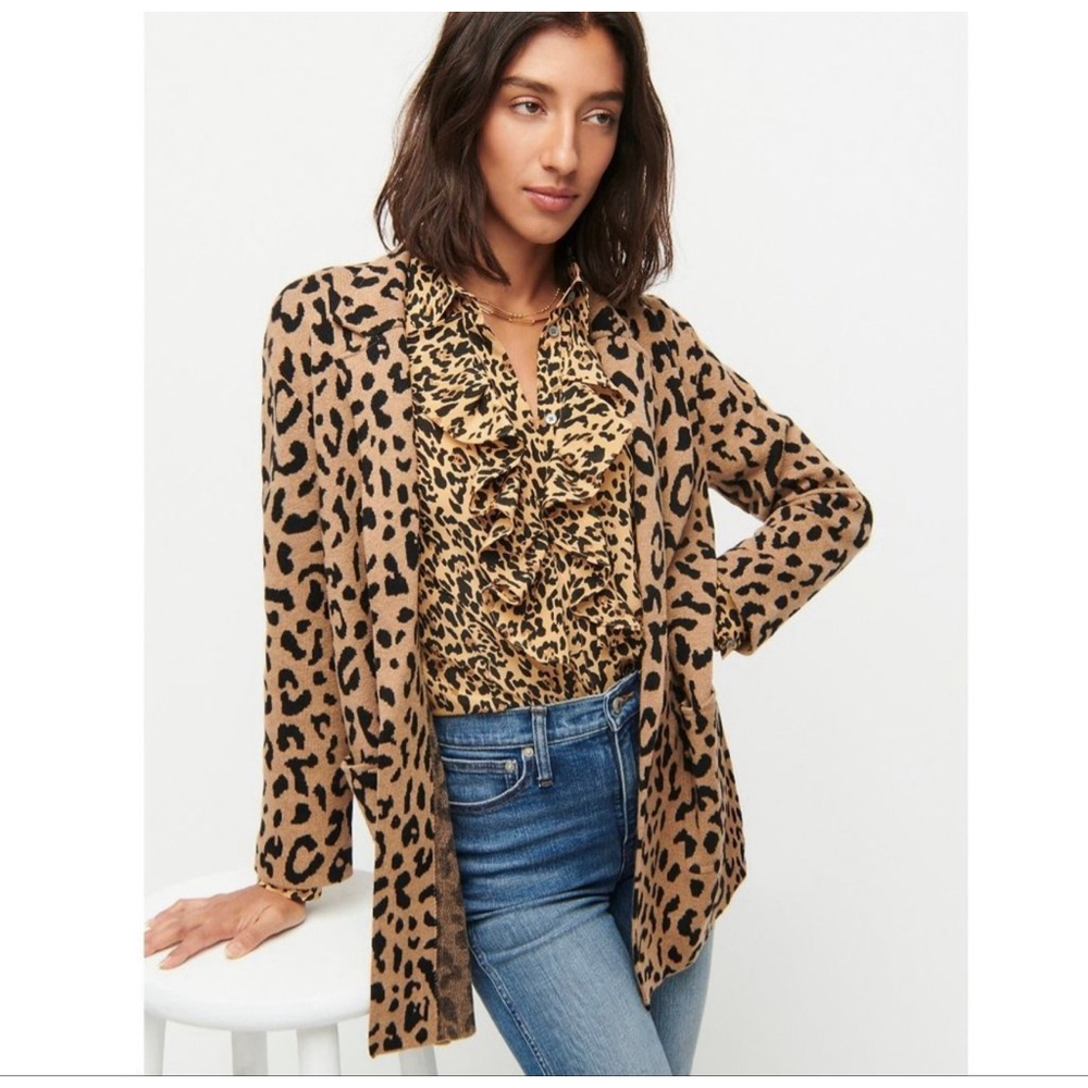 J.CREW Sophie Leopard Print Cardigan Open Front Sweater Blazer S Tan Black
